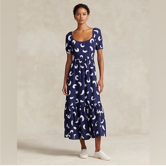Polo Ralph Lauren‎ Brushstroke Motif Abstract Linen Navy Tiered Maxi Dress 14 - Picture 1 of 10